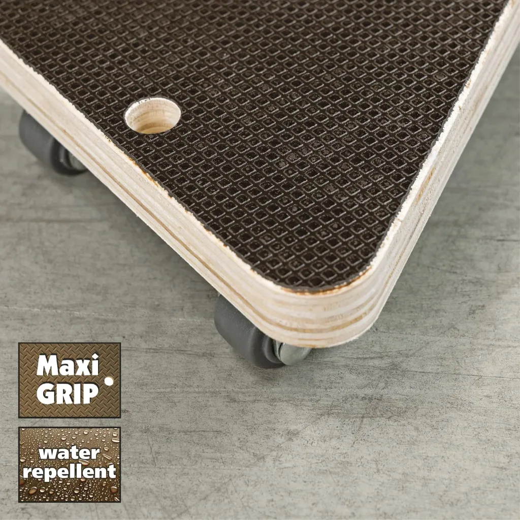 Transporthilfe MM 1314, 14 x 14 x 14 x 4,5 mm, softe Rollen Ø 20 mm, Multiplexplatte Maxigrip FSC®, Tragkraft 100 kg