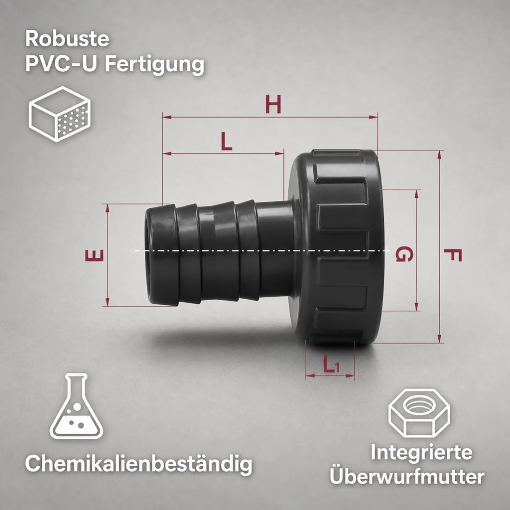Schlauchtülle 38mm, PVC mit Überwurfmutter, 2 Zoll, Schlauchverbinder
