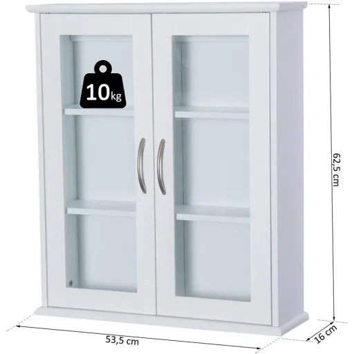 Wandschrank Hängeschrank Badschrank Mehrzweckschrank Küchenschrank 2 x Glastür Holz Weiß 53,5 x 16 x 62,5 cm