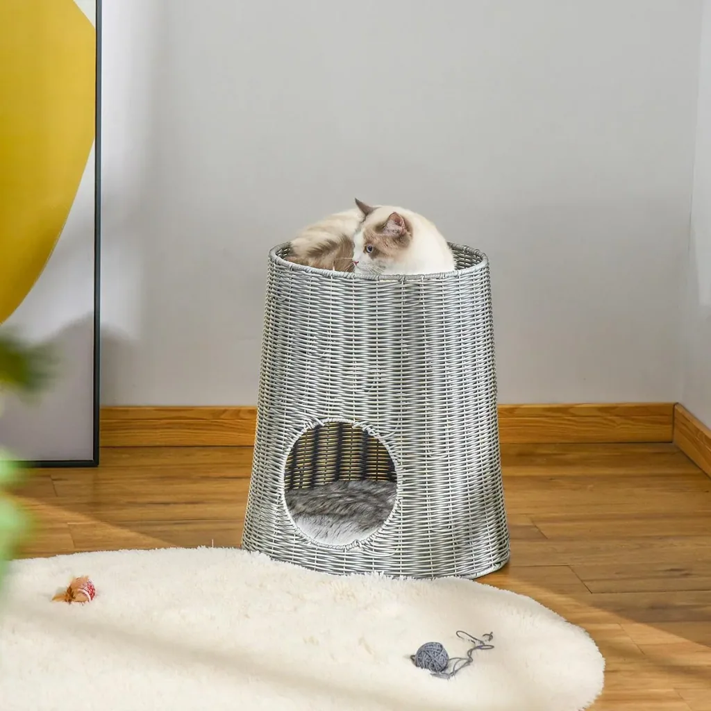 zweistöckiges Katzenhaus Katzenbett Katzenhöhle Katzenkorb mit 2 Kissen Weidenkorb mit Liegedach geschlossenes Design ha