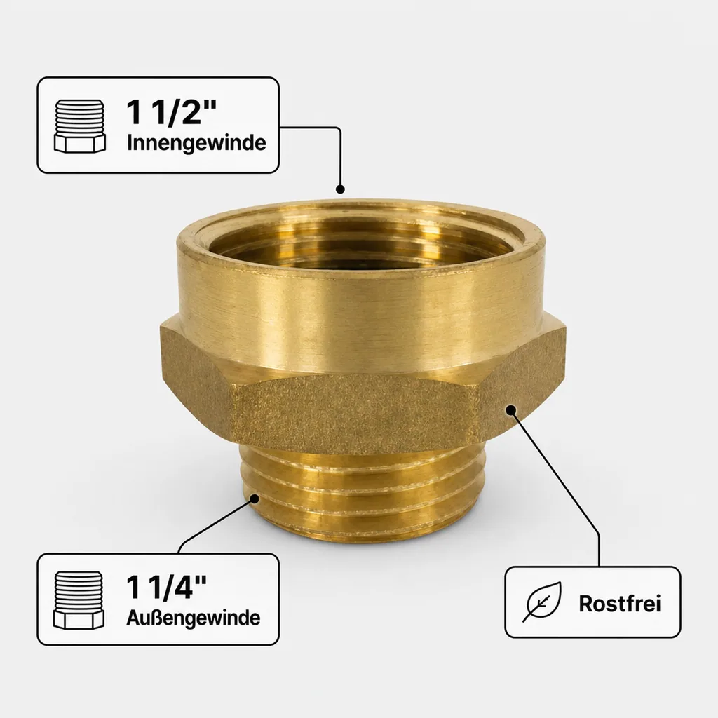 Messing Fitting, Doppelnippel Messing, 1 1/4" AG x 1 1/2" IG