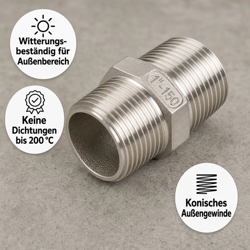 Edelstahl Doppelnippel, Gewindefitting Edelstahl 1 Zoll, Rohrnippel V4A