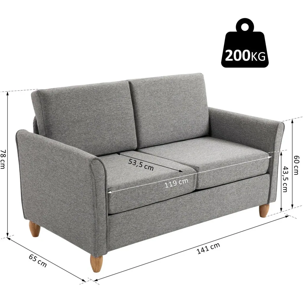 Doppelsofa Sofa 2-Sitzer Zweisitzer mit Kissen 200 kg Belastbarkeit Leinen Holzfüße Hellgrau 141 x 65 x 78 cm