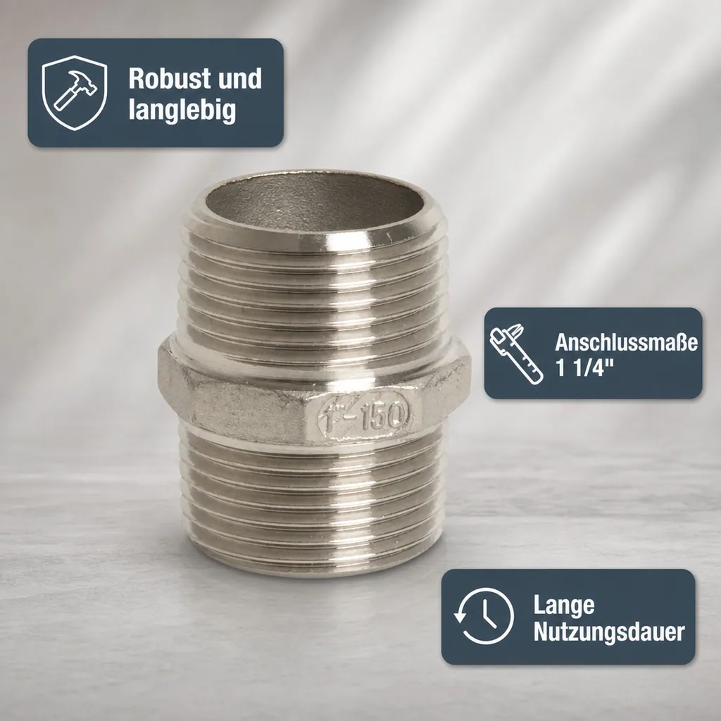 Edelstahl Doppelnippel, Gewindefitting 1 1/4 Zoll, V4A Fitting