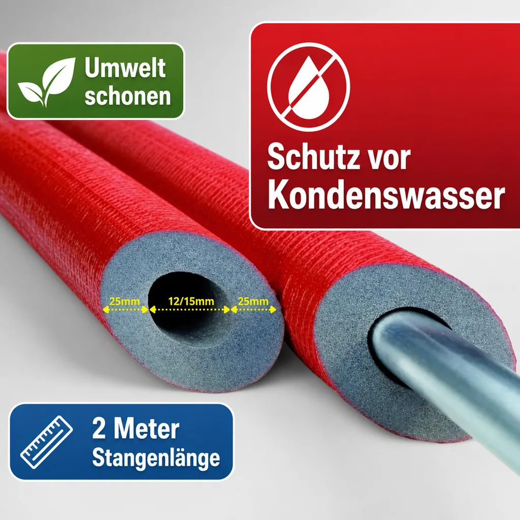 Rohrisolierung, Heizungsrohrisolierung, 2m, Ø 12/15 mm, 25mm, Dämmung nach GEG