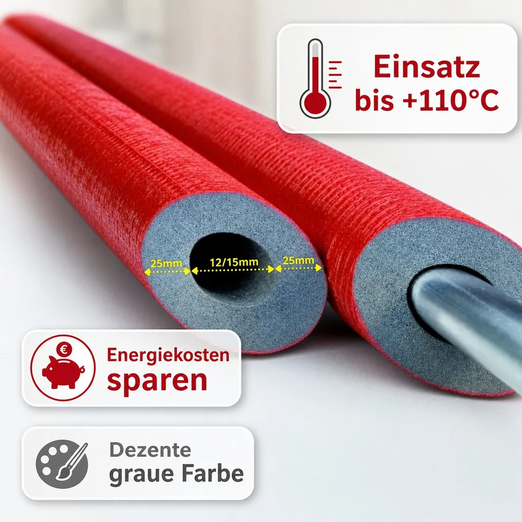 Rohrisolierung, Heizungsrohrisolierung, 2m, Ø 12/15 mm, 25mm, Dämmung nach GEG