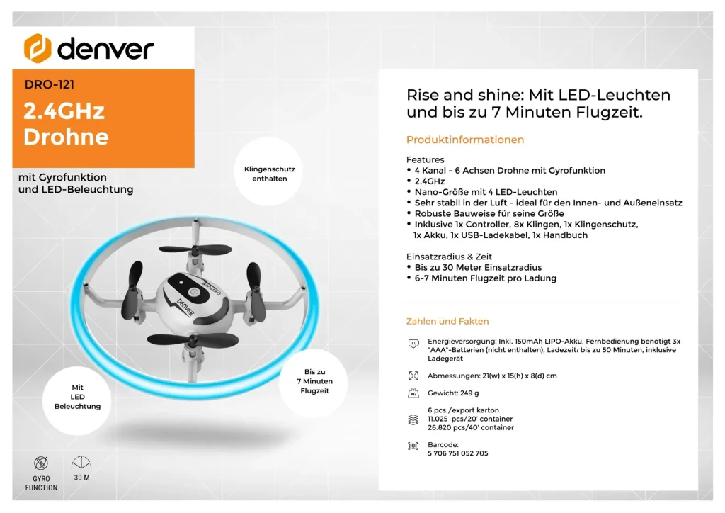 Drohne mit Gyrofunktion und LED-Licht, 2.4 Ghz