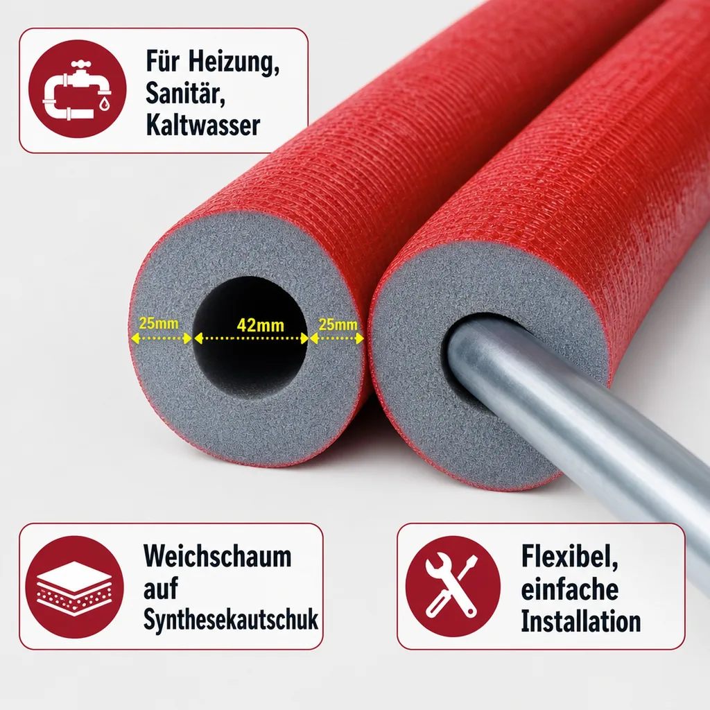 Rohrisolierung Heizungsrohr, 42mm, 25mm, 2m, grau, flexibel