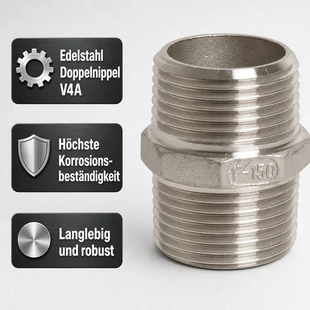 Edelstahl Doppelnippel, Gewindefitting, 1 1/2 Zoll, V4A