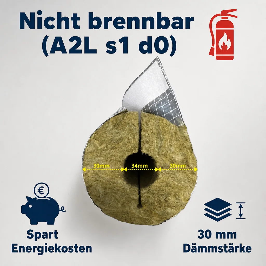 Rohrisolierung Steinwolle, 34x30mm, 1m, GEG 100%