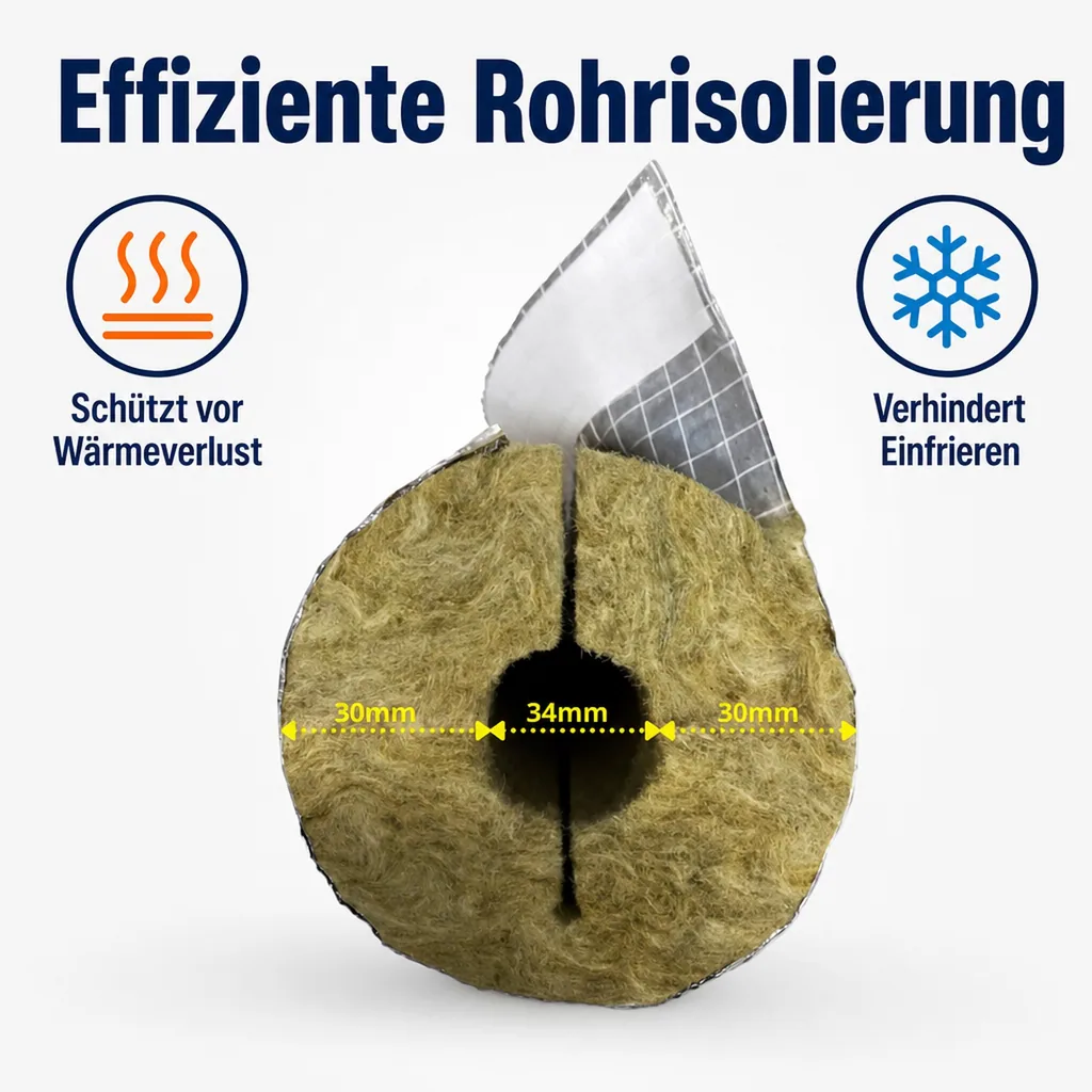 Rohrisolierung Steinwolle, 34x30mm, 1m, GEG 100%