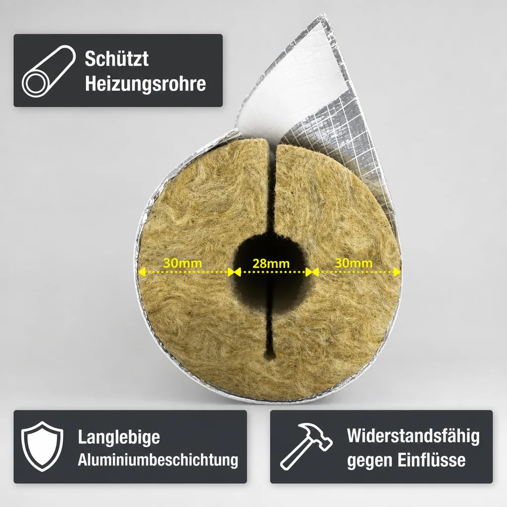 Rohrisolierung Steinwolle, ALU, 28x30mm, 1m, GEG 100%
