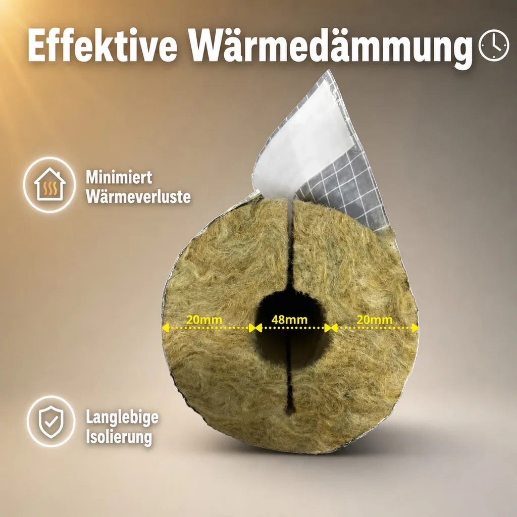 Rohrisolierung Steinwolle, 48mm, 20mm Dämmstärke, 1m, Alu