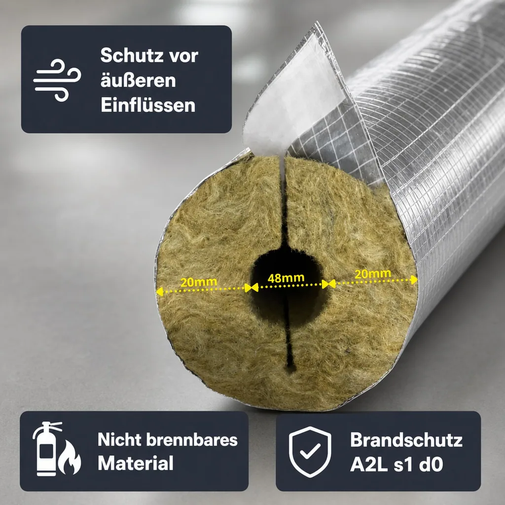 Rohrisolierung Steinwolle, 48mm, 20mm Dämmstärke, 1m, Alu