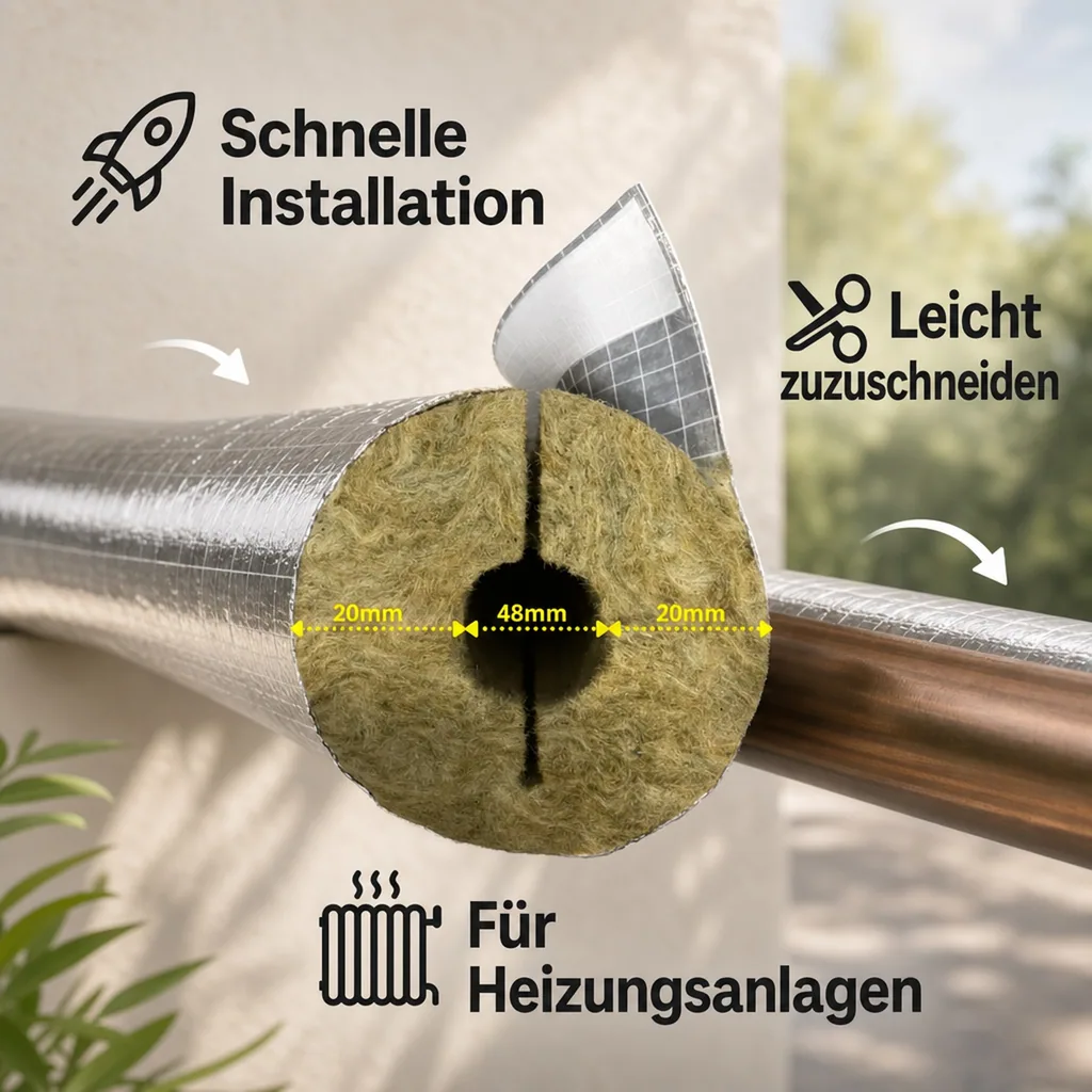 Rohrisolierung Steinwolle, 48mm, 20mm Dämmstärke, 1m, Alu