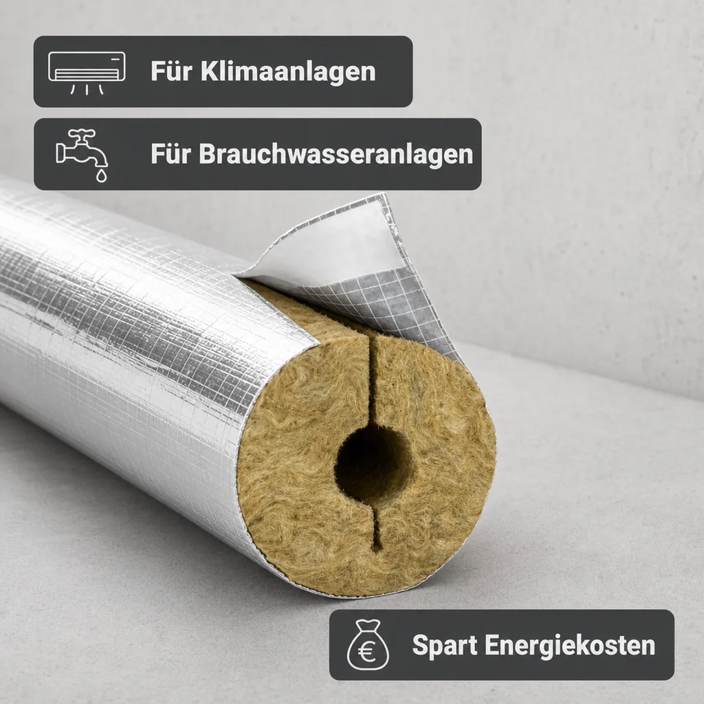 Rohrisolierung Steinwolle, 48mm, 20mm Dämmstärke, 1m, Alu