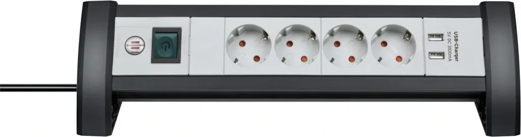 Steckdosenleiste Premium-Office-Line 4-fach mit 2 x USB, schwarz/grau