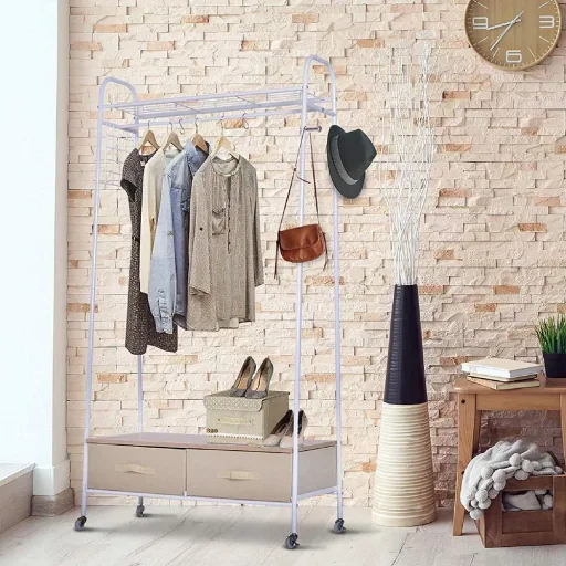 Kleiderständer Rollgarderobe mit Schubladen Hacken aus Metall+Holz weiß L99 x B47 x H185 cm