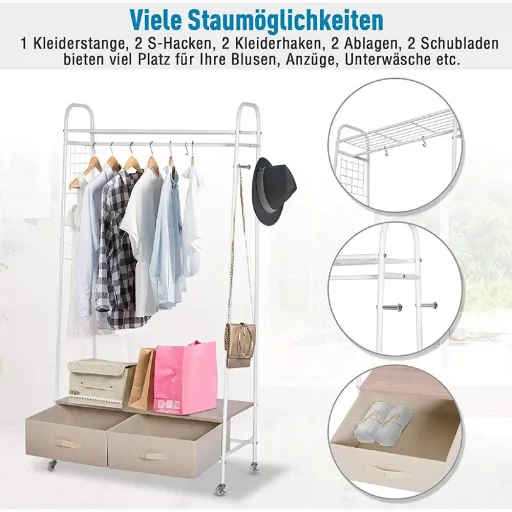 Kleiderständer Rollgarderobe mit Schubladen Hacken aus Metall+Holz weiß L99 x B47 x H185 cm
