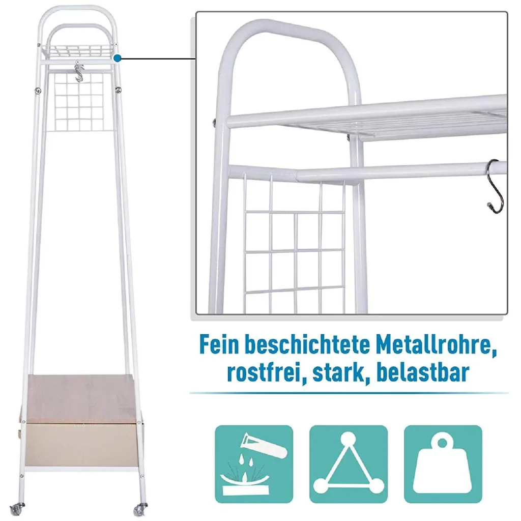 Kleiderständer Rollgarderobe mit Schubladen Hacken aus Metall+Holz weiß L99 x B47 x H185 cm