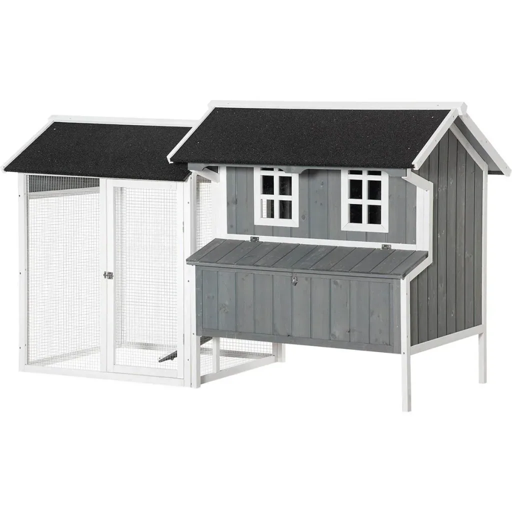 Hühnerstall mit Nistkasten winterfest 2 Etagen Kiefer Stahl Asphalt grau 209,5 x 96 x 123 cm