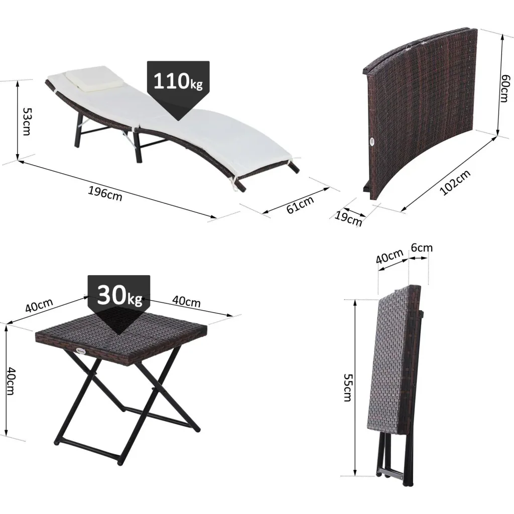 3er-Set Sonnenliege Gartenliege mit Tisch Gartenmöbel Polyrattan klappbar Braun 196 x 61 x 53 cm