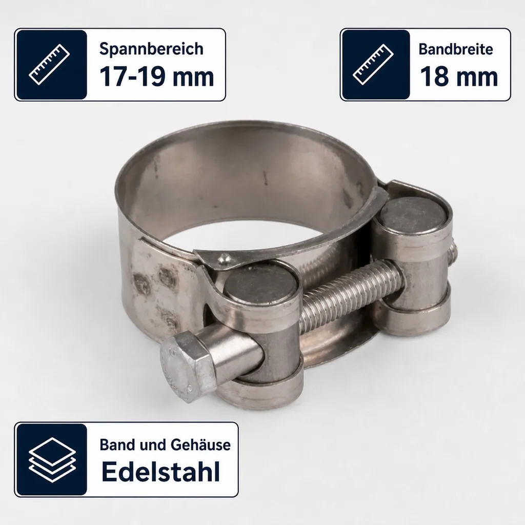 Gelenkbolzenschelle, Spannbackenschelle 17-19 mm, DIN 3017, Schlauchschelle