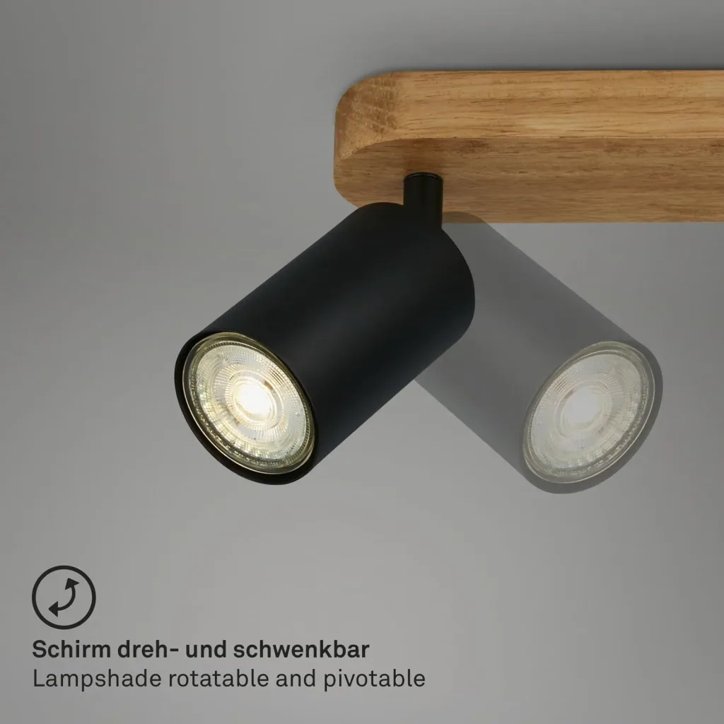 Vintage Spotleuchte 2-flammig, schwarz mit Holzbaldachin, 2 x GU10 Fassung