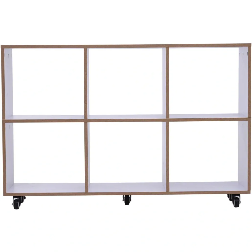 6 Fächer Rollregal Bücherregal Standregal mit 5 Rollen Holz Weiß 120 x 30 x 80 cm