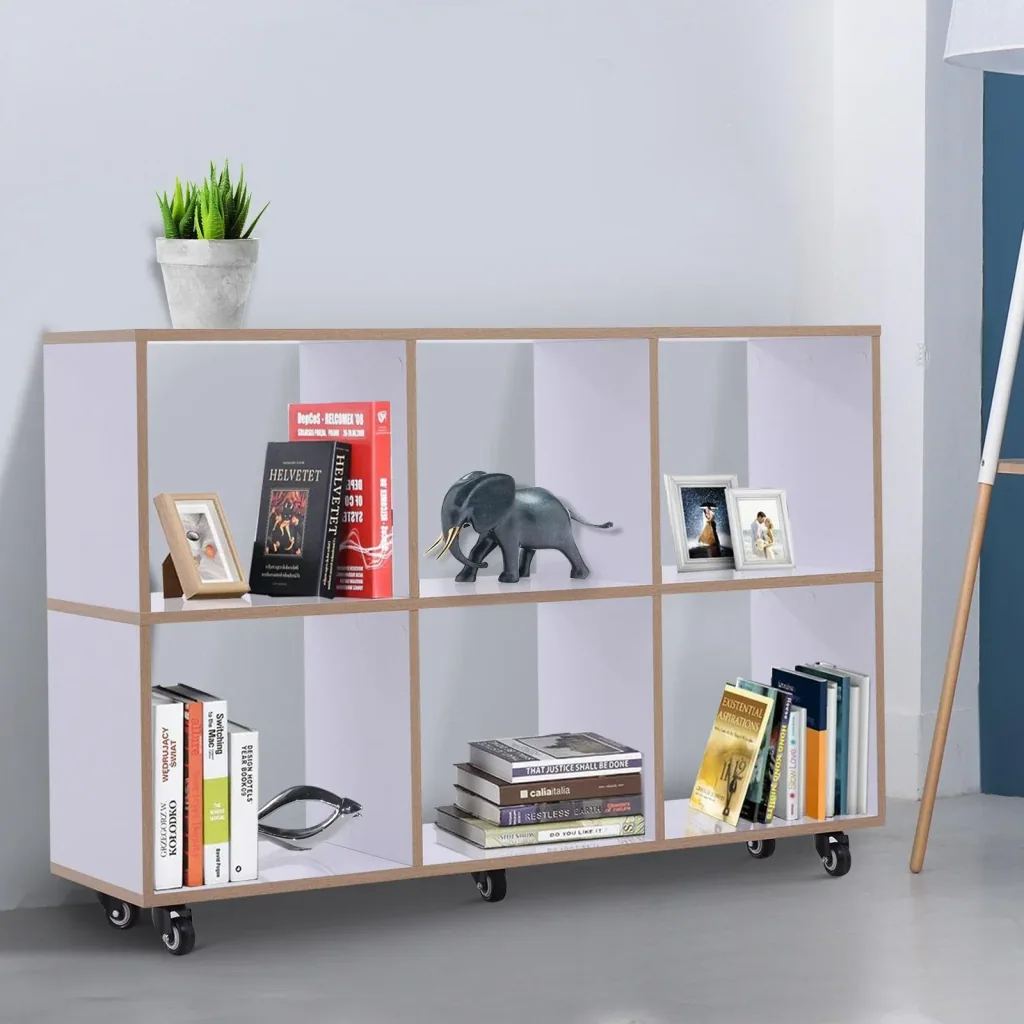 6 Fächer Rollregal Bücherregal Standregal mit 5 Rollen Holz Weiß 120 x 30 x 80 cm