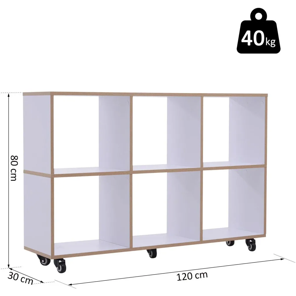6 Fächer Rollregal Bücherregal Standregal mit 5 Rollen Holz Weiß 120 x 30 x 80 cm