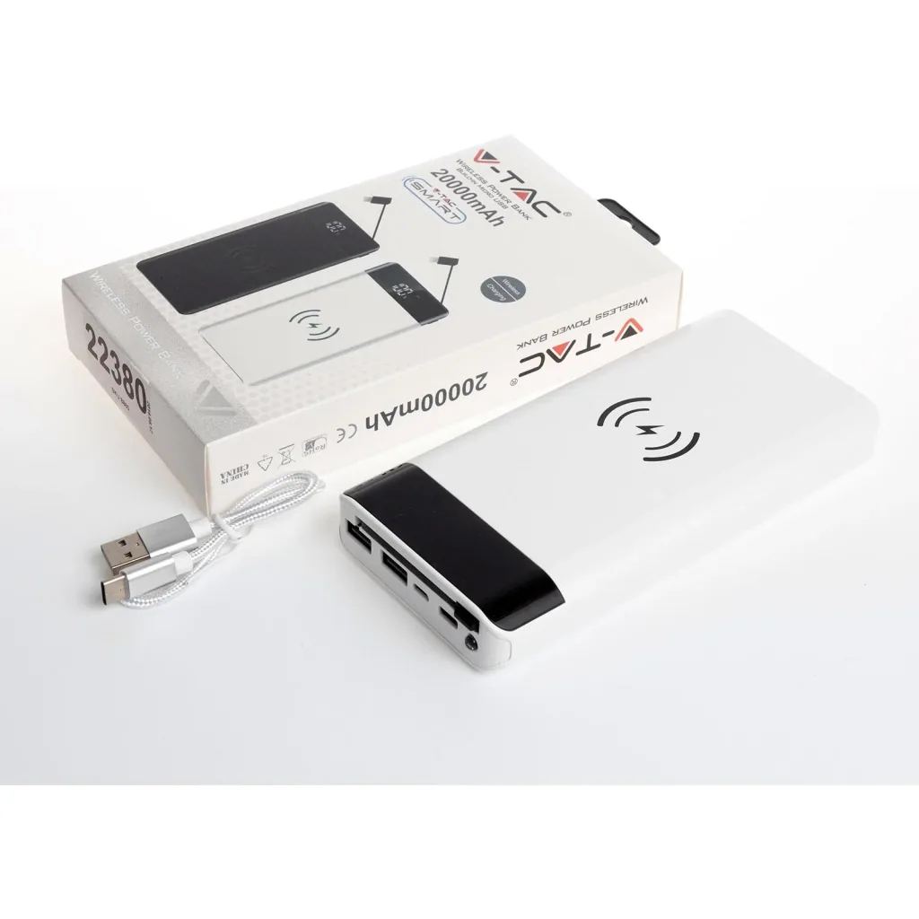 VT-3508 Netzgerät mit drahtloser QI-Ladefunktion - 20.000mah - einschließlich Mikro-USB-Kabel - Weiß