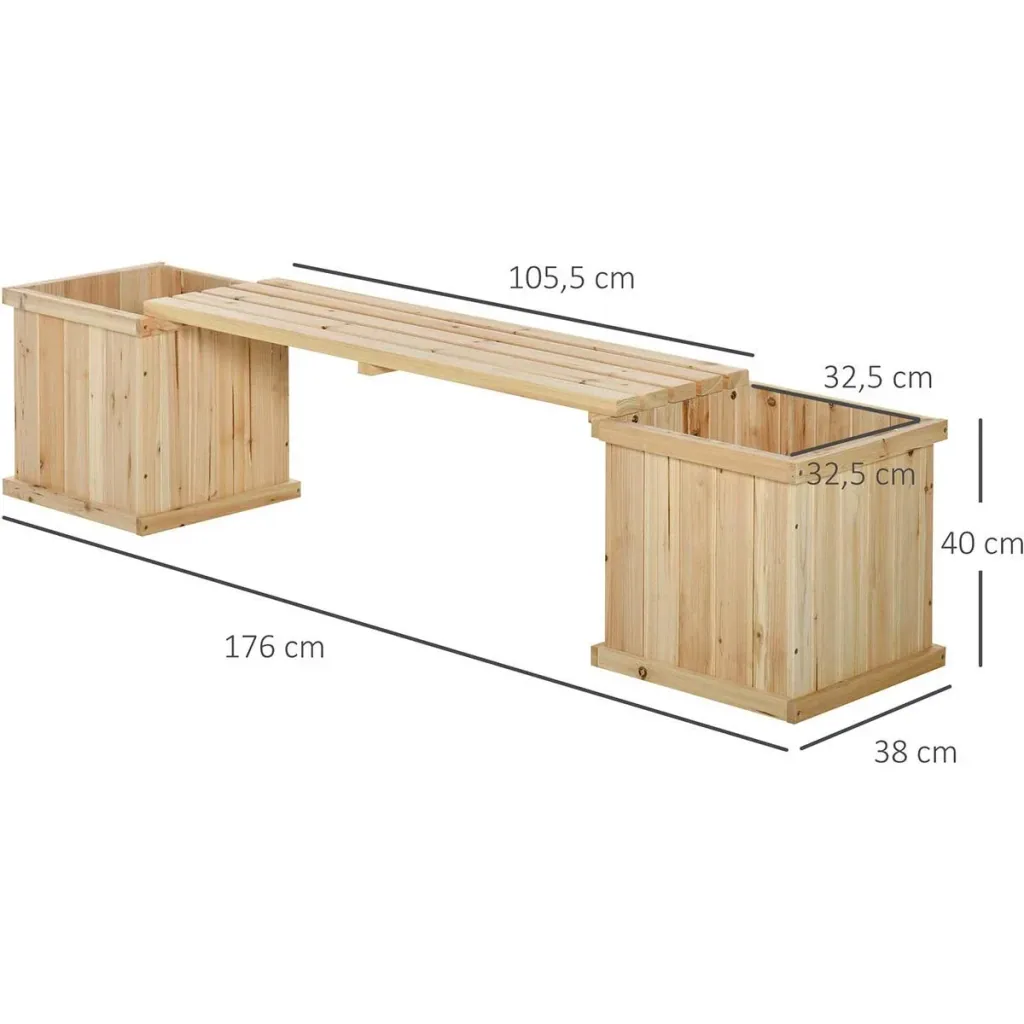 Gartenbank mit 2 Pflanzkasten Holz Sitzbank mit Blumenkasten Garten Holzbank Parkbank Natur 176 x 38 x 40 cm