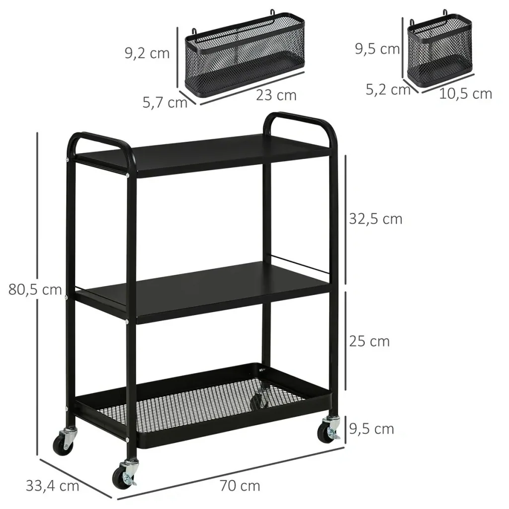 Servierwagen mit 3 Etagen, Stahl, schwarz, 70 x 33,4 x 80,5 cm