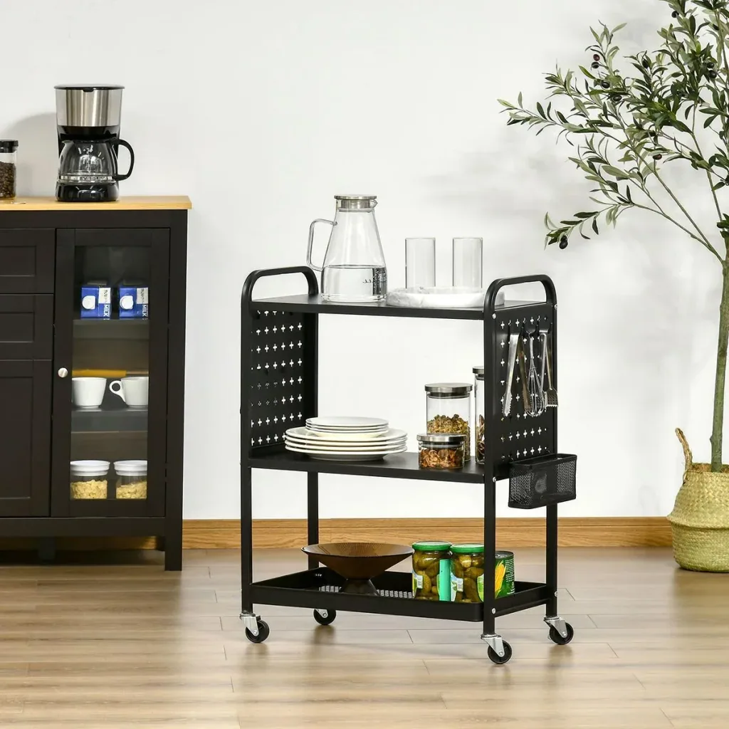 Servierwagen mit 3 Etagen, Stahl, schwarz, 70 x 33,4 x 80,5 cm