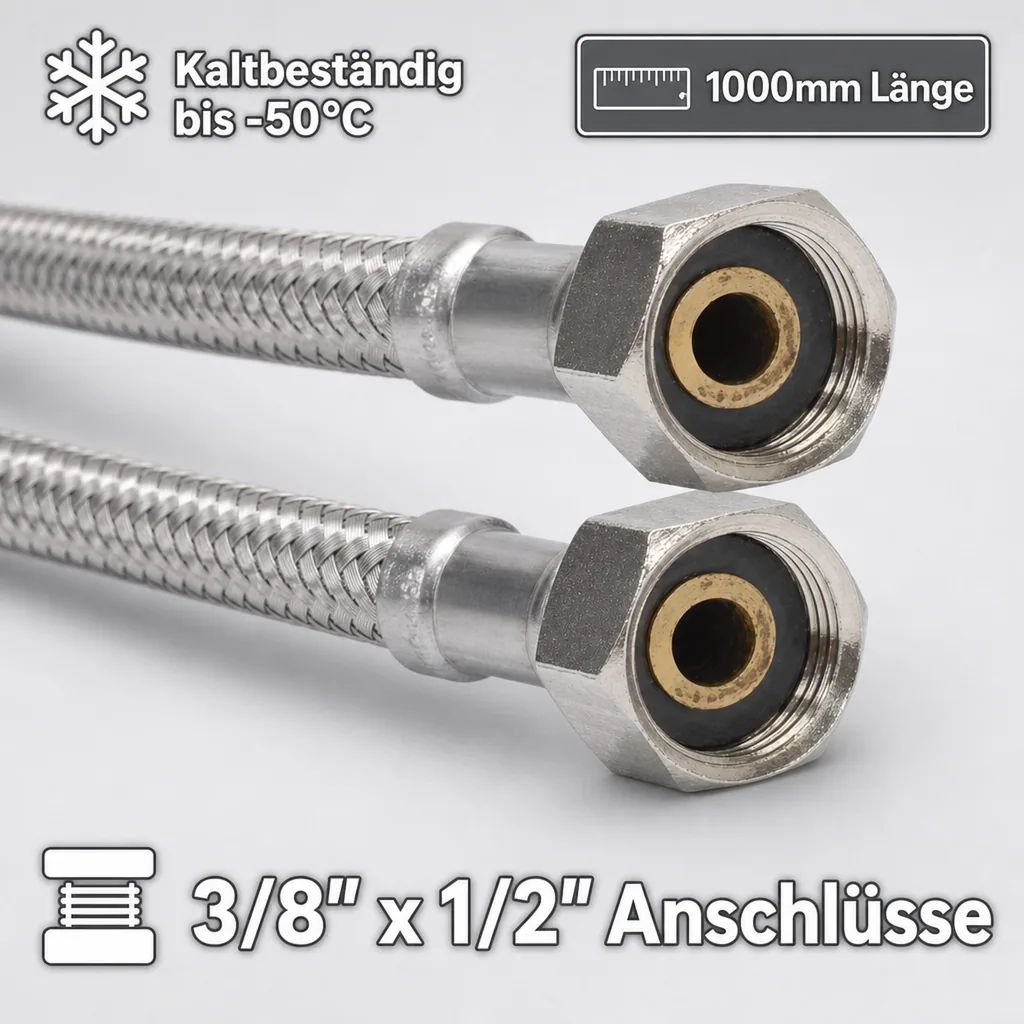 Panzerschlauch, Edelstahl, Flexschlauch, 3/8" x 1/2", 1000mm, DN8, DVGW
