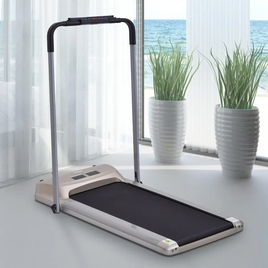 Elektrisches Laufband mit LCD Display, Faltbares Fitnessgerät, 1-10 Km/h, Stahl, Schwarz+ Grau+Champagner, 70 x 128 x 11