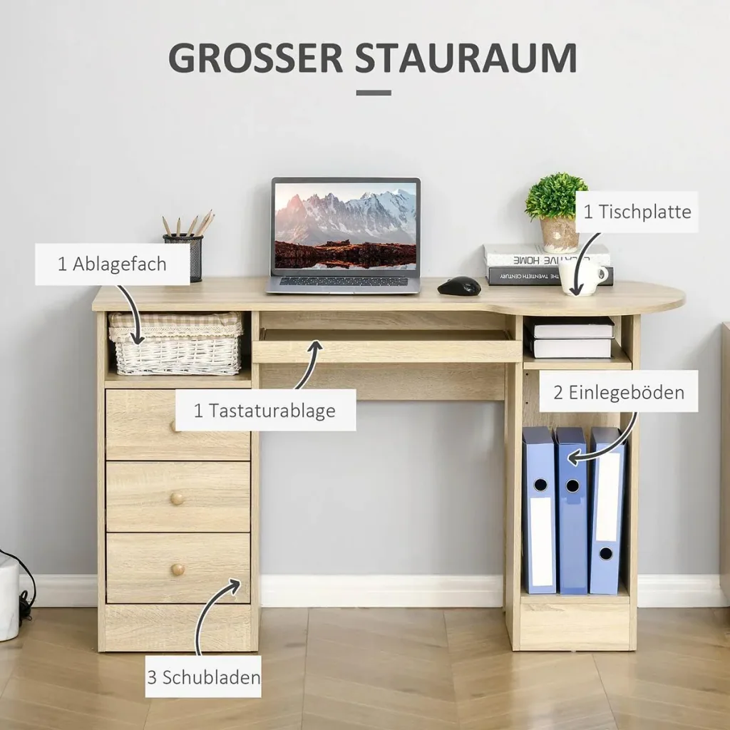Computertisch Schreibtisch Bürotisch Home Office Arbeitstisch mit Ablagen Schubladen Natur 125 x 60 x 74 cm