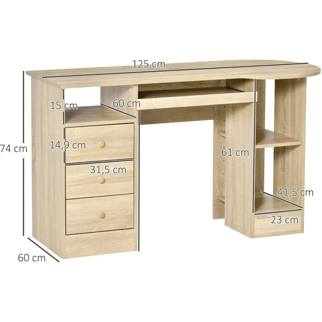 Computertisch Schreibtisch Bürotisch Home Office Arbeitstisch mit Ablagen Schubladen Natur 125 x 60 x 74 cm