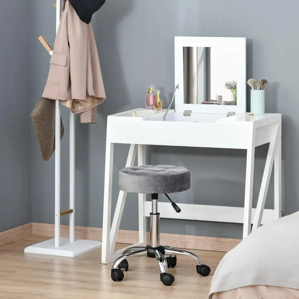 Salonstuhl mit Rädern Rollhocker höhenverstellbar drehbar Salon Hocker Samt-Touch Schaumstoff Chrom-Basis Grau 35 x 35 x