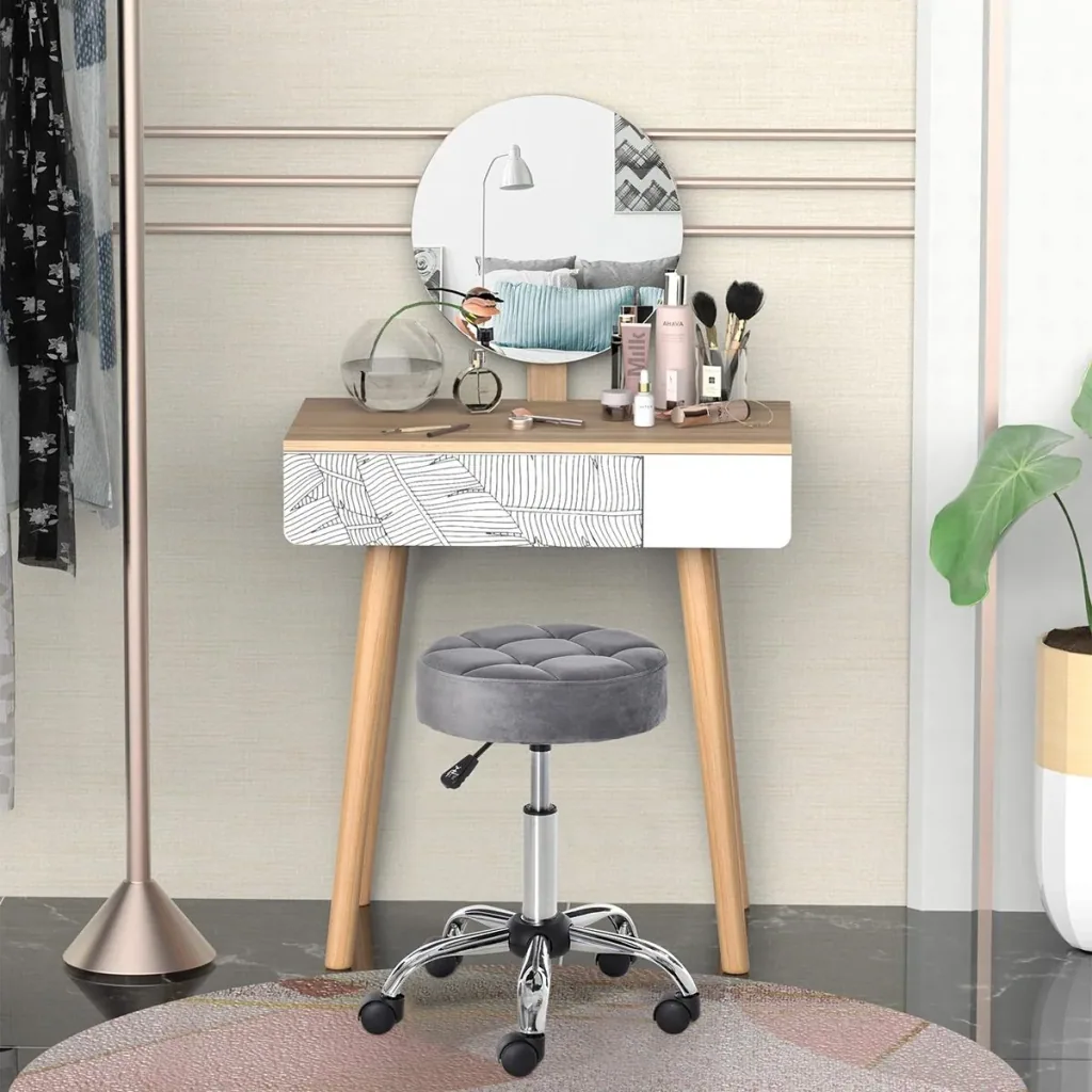 Salonstuhl mit Rädern Rollhocker höhenverstellbar drehbar Salon Hocker Samt-Touch Schaumstoff Chrom-Basis Grau 35 x 35 x