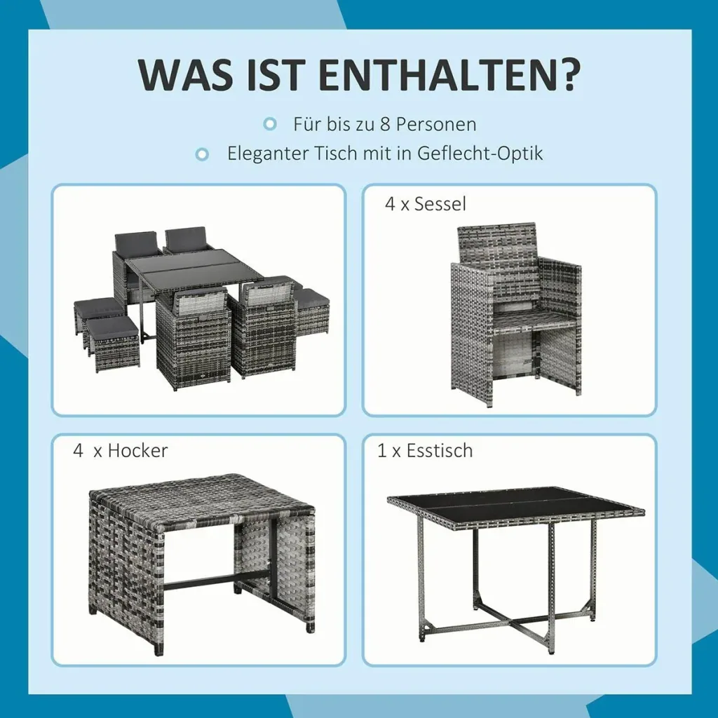9 tlg. Polyrattan Gartenmöbel Rattan Gartenset Sitzgruppe Garnitur Essgruppe inkl. Kissen Grau 109 x 109 x 72 cm