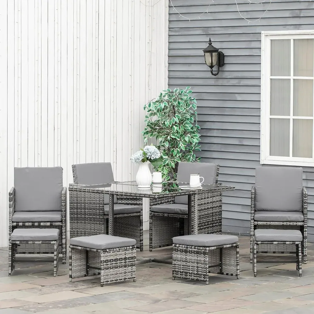 9 tlg. Polyrattan Gartenmöbel Rattan Gartenset Sitzgruppe Garnitur Essgruppe inkl. Kissen Grau 109 x 109 x 72 cm