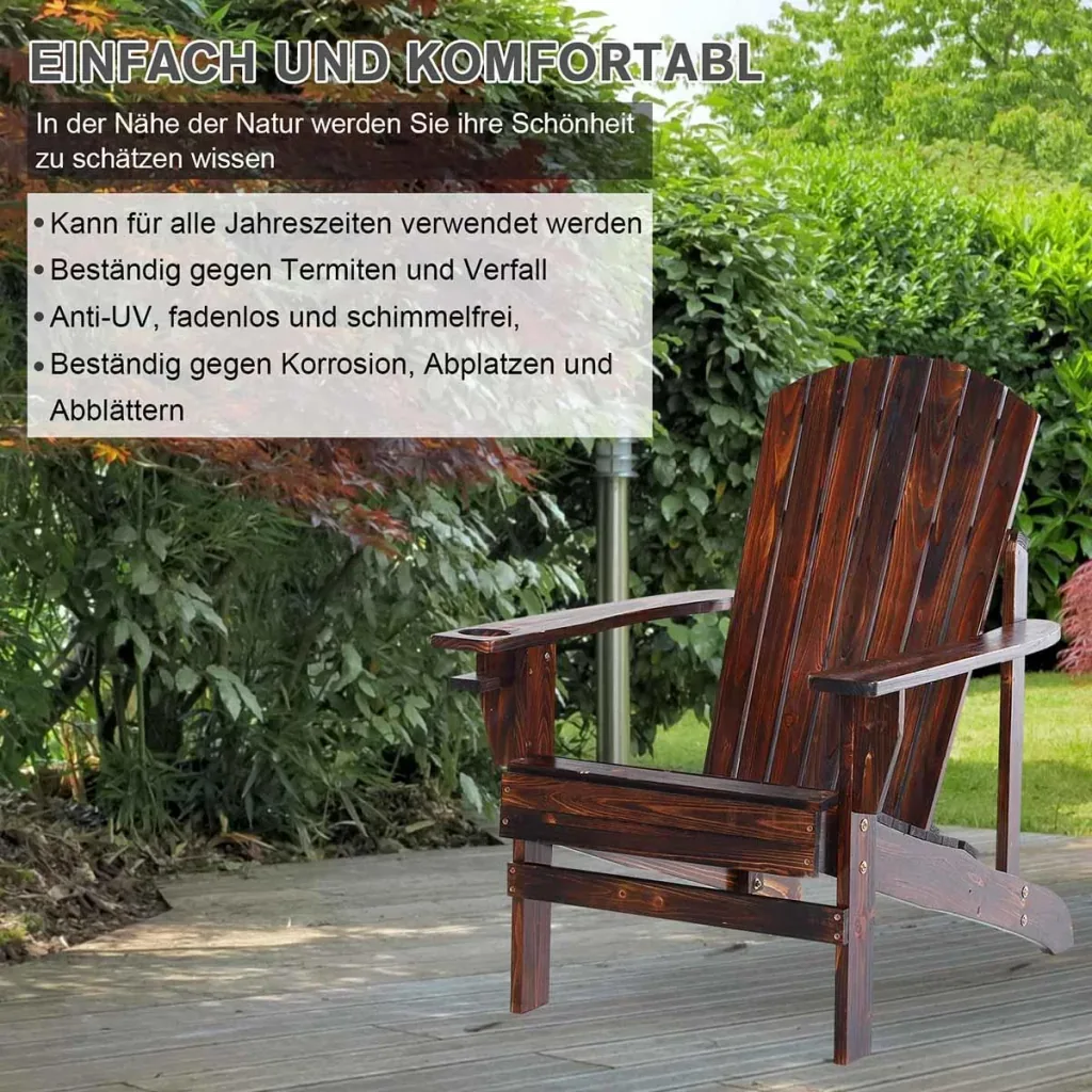 Adirondack-Gartenstuhl mit Becherhalter Gartenliege Balkonstuhl Massivholz Verkohlt 97 x 72,5 x 93 cm