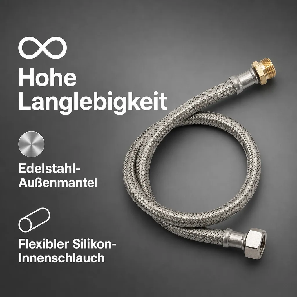 Panzerschlauch, Edelstahl, flexibel, 1000mm, 3/8" AG x 1/2" ÜM, DVGW