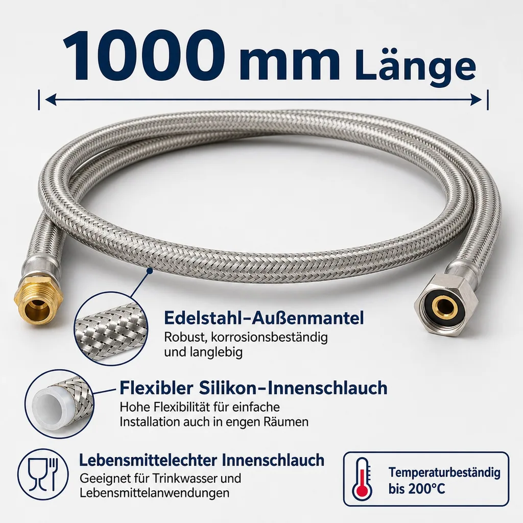 Panzerschlauch, Edelstahl, flexibel, 1000mm, 3/8" AG x 1/2" ÜM, DVGW