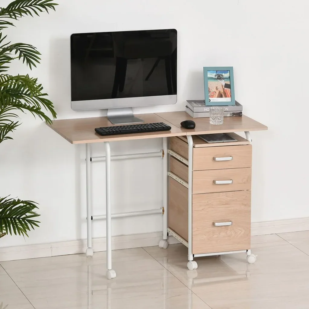 Mobiler Schreibtisch Aktenschrank klappbarer Computertisch Bürotisch mit Schubladen und Rollen Rollcontainer Spanplatte
