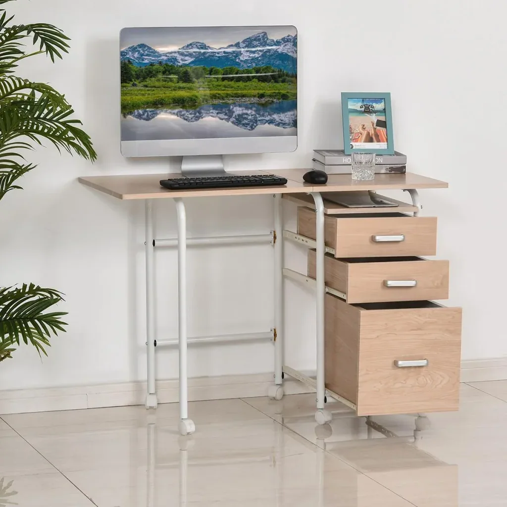 Mobiler Schreibtisch Aktenschrank klappbarer Computertisch Bürotisch mit Schubladen und Rollen Rollcontainer Spanplatte