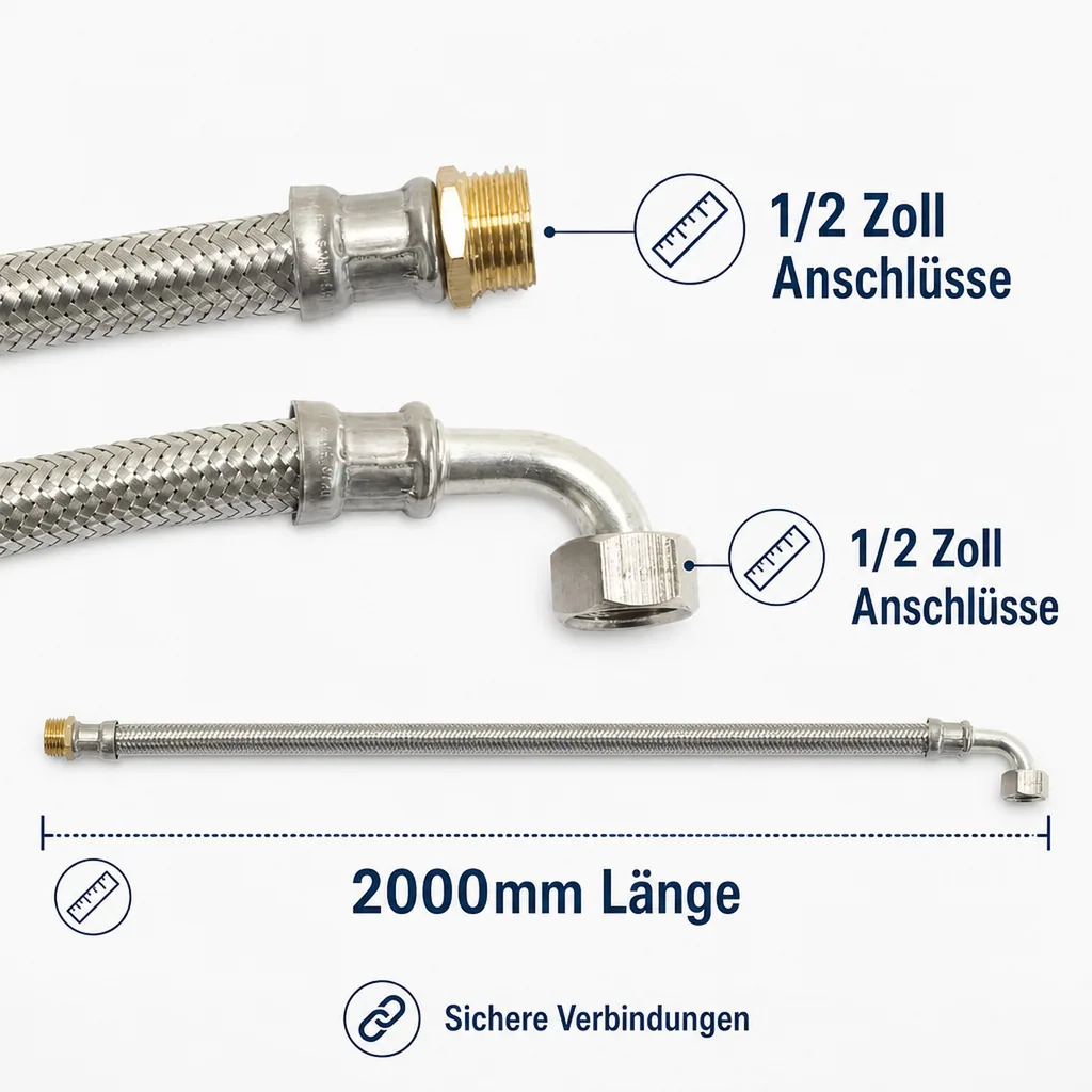 Panzerschlauch 1/2 Zoll, Edelstahl, DVGW, Flexschlauch, Bogen, 2000mm