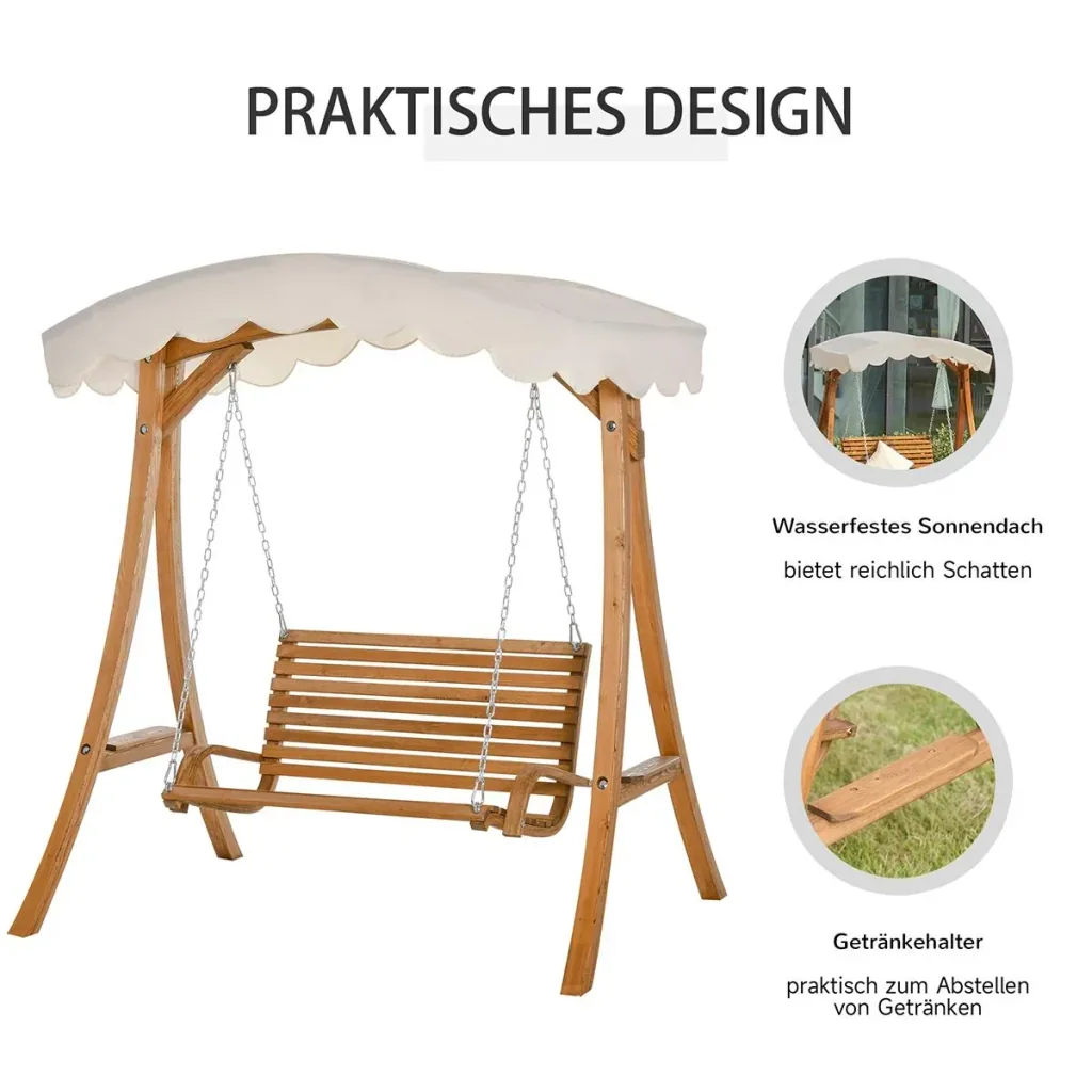 Hollywoodschaukel, 2-Sitzer Gartenschaukel, Schaukelbank mit Sonnendach, Kiefernholz, Cremeweiß, 170 x 135 x 170 cm